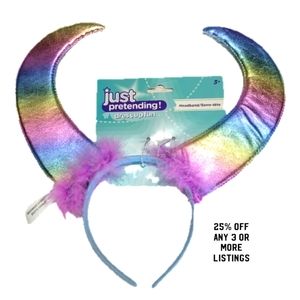 Rainbow devil horns w/ faux fur metallic costume pastel headband padded Cosplay